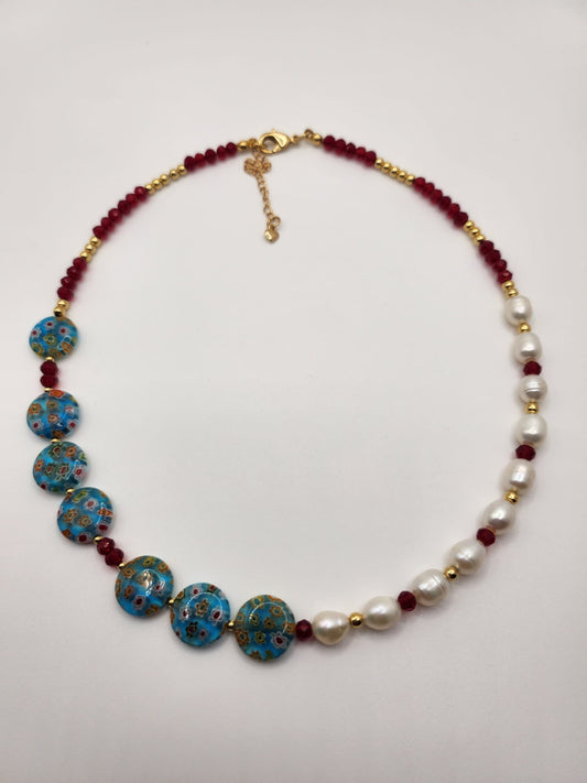 Floral Mosaic Necklace - 18k Gold Plated Stainless Steel